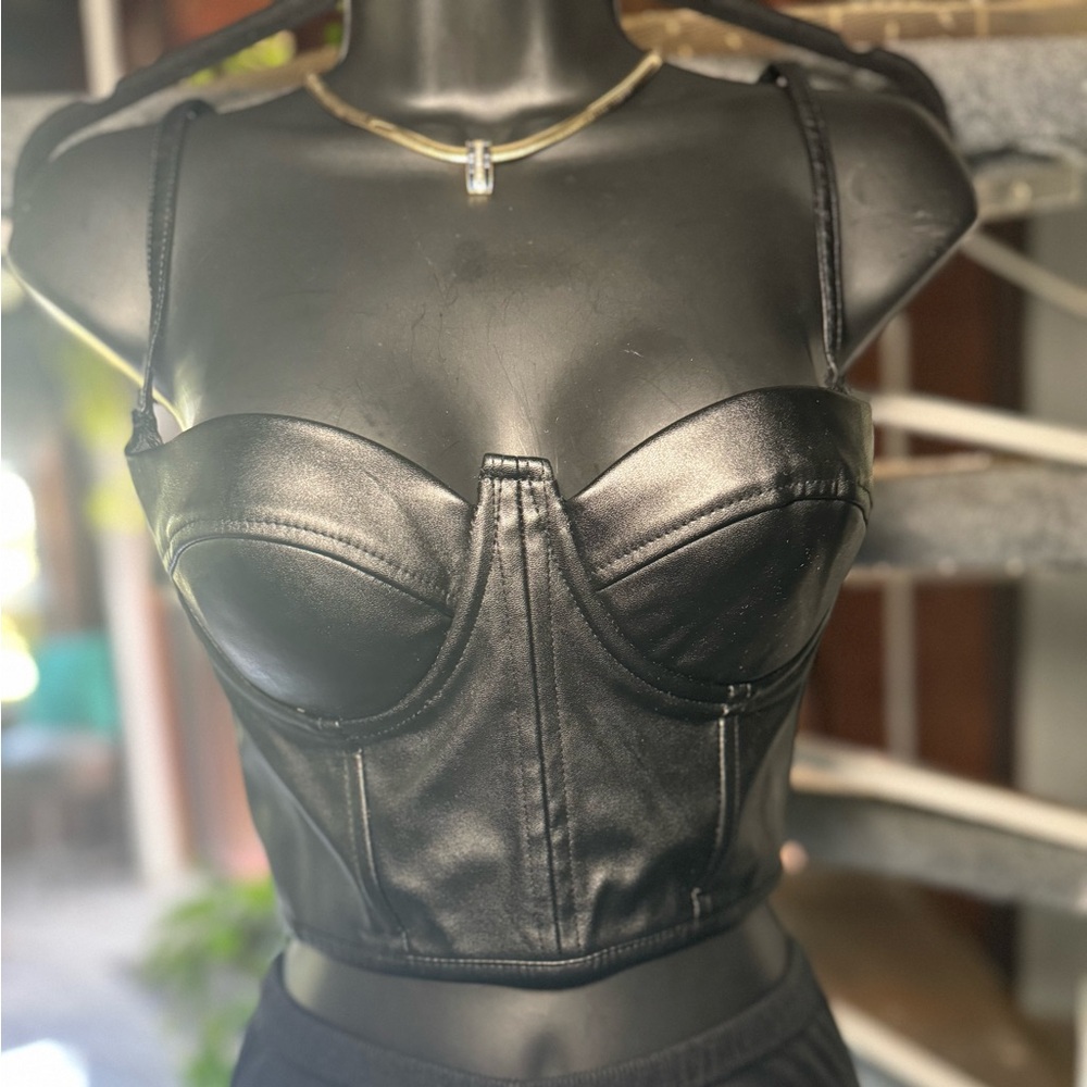 Black Faux Leather Bustier Top